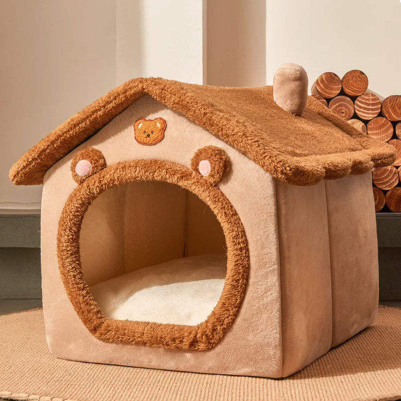 A plush pet bed shaped like a small house